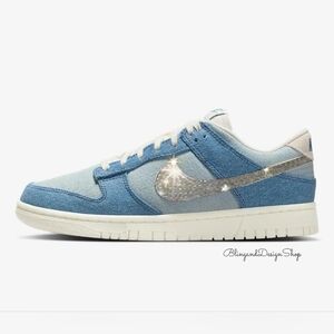 Bling Nike Dunk Low Denim Women's Sneakers Shoes Customized With Crystals Blue